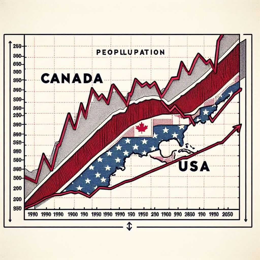 Population Growth: Canada vs. USA (1900-2050)