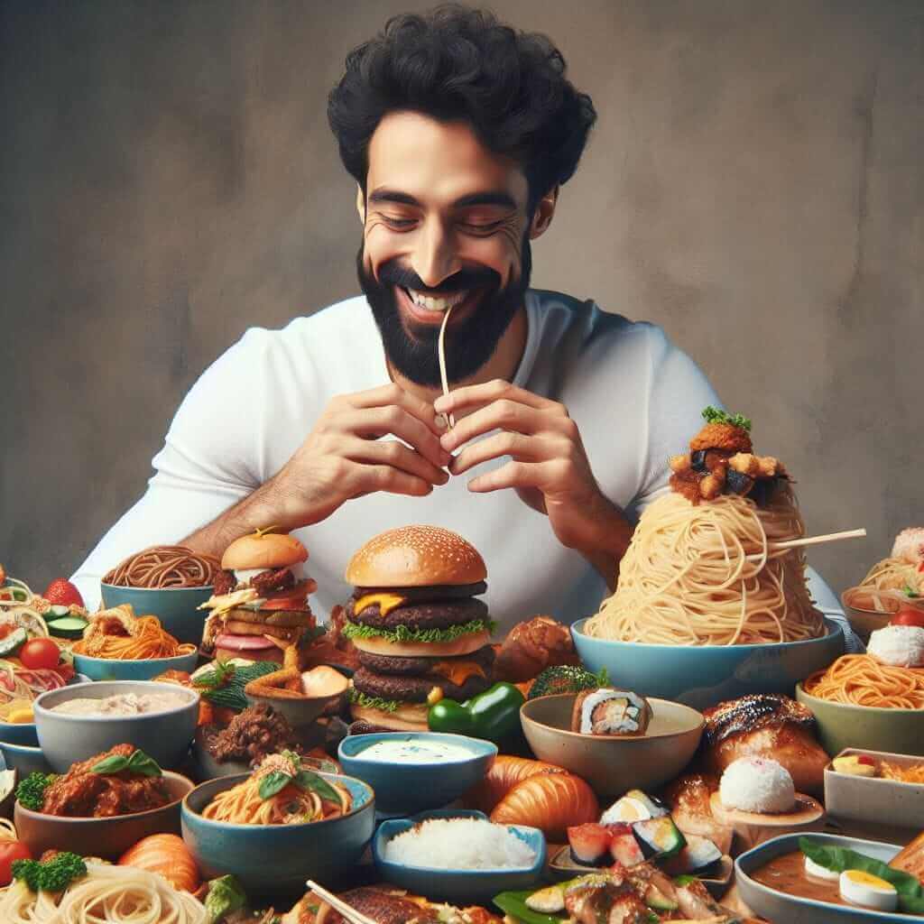 A person eating a large amount of food