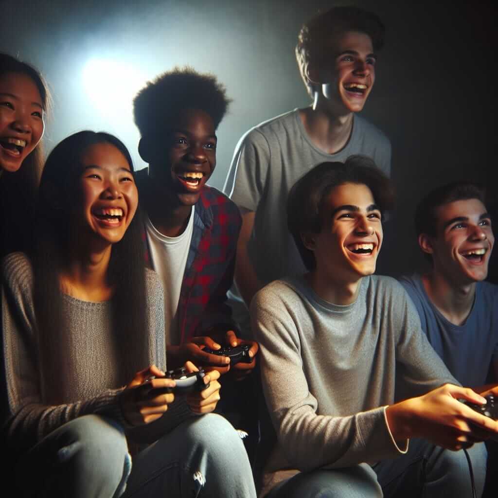 Teenagers playing video games