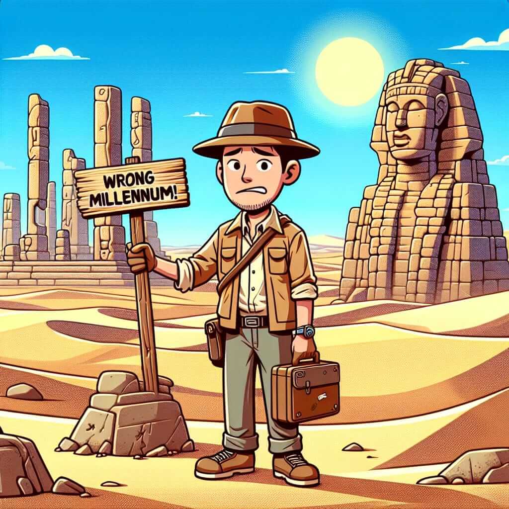 An archaeologist surrounded by ancient ruins, looking confused and holding a sign that says