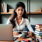 Student studying at desk with laptop