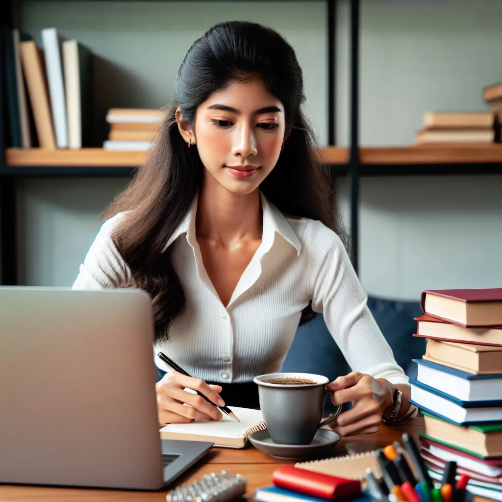 Student studying at desk with laptop