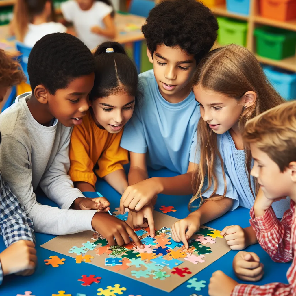 Children collaborating on a problem-solving task in classroom