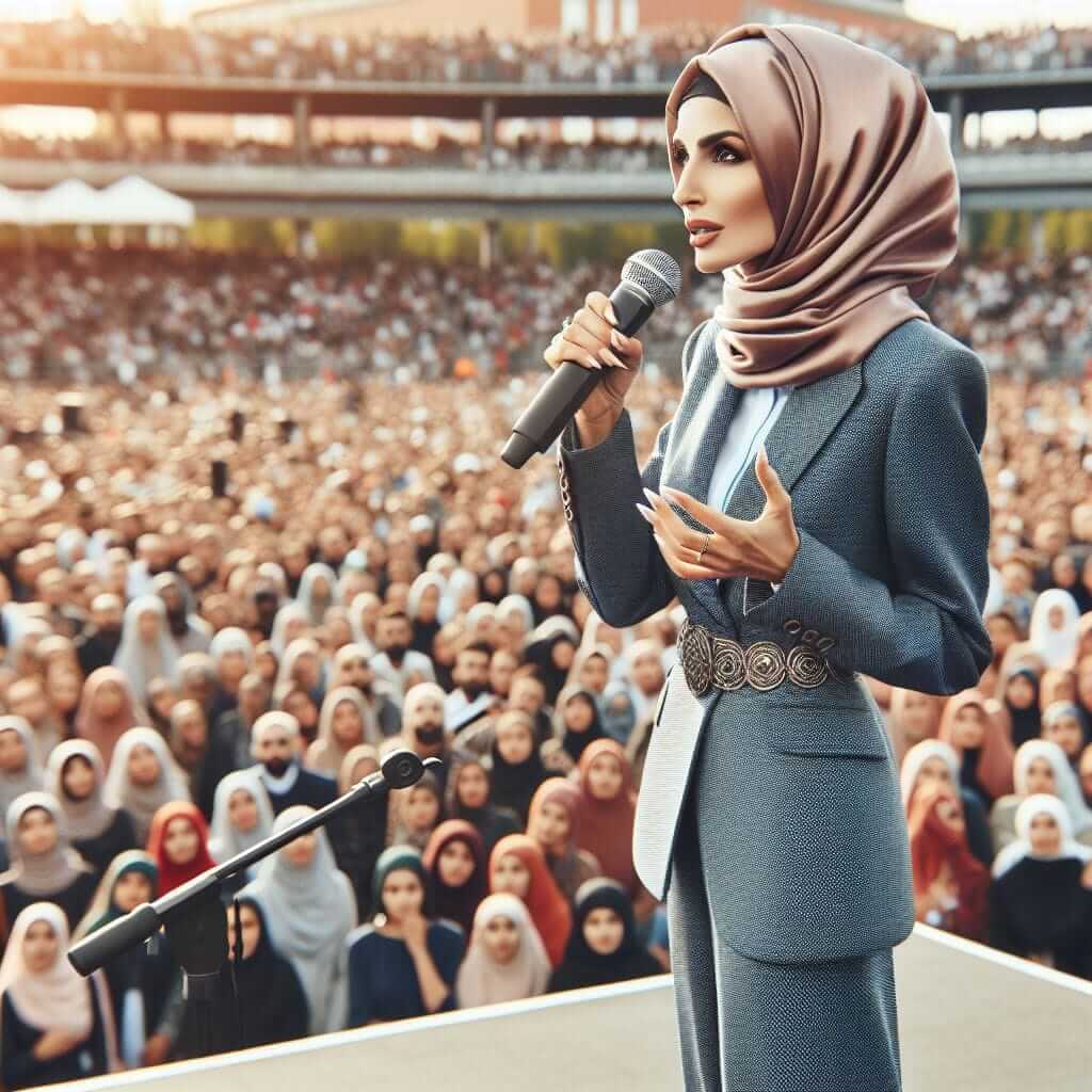 confident female speaker on stage