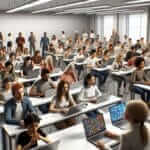 Students with laptops and a teacher engaging in an interactive lesson