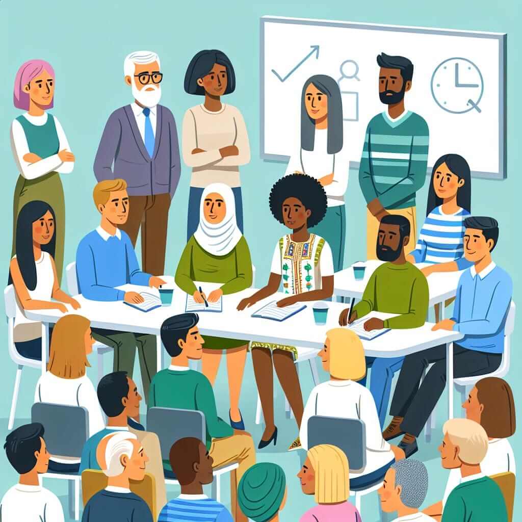 diverse group of people talking in a classroom