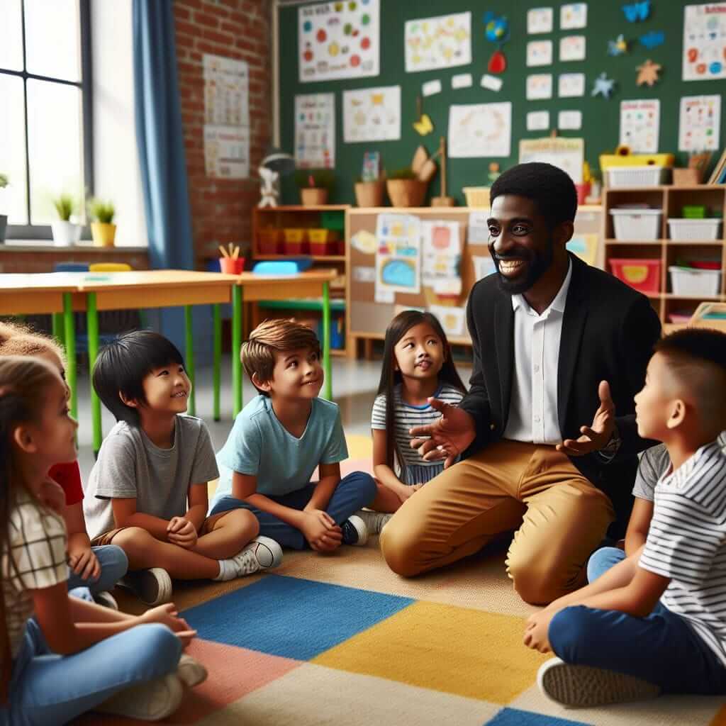 diverse group of students listening to teacher in classroom