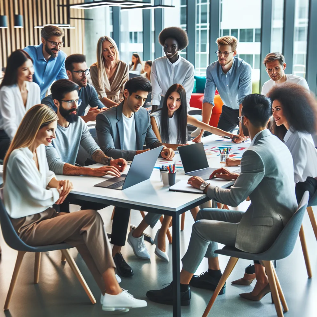 Diverse team collaborating in a modern office