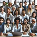 Diverse team collaborating in modern office