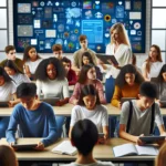 Modern classroom with students using tablets