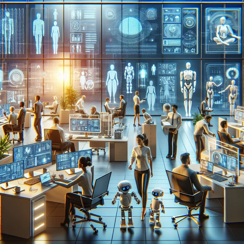 Futuristic workplace with robots and humans