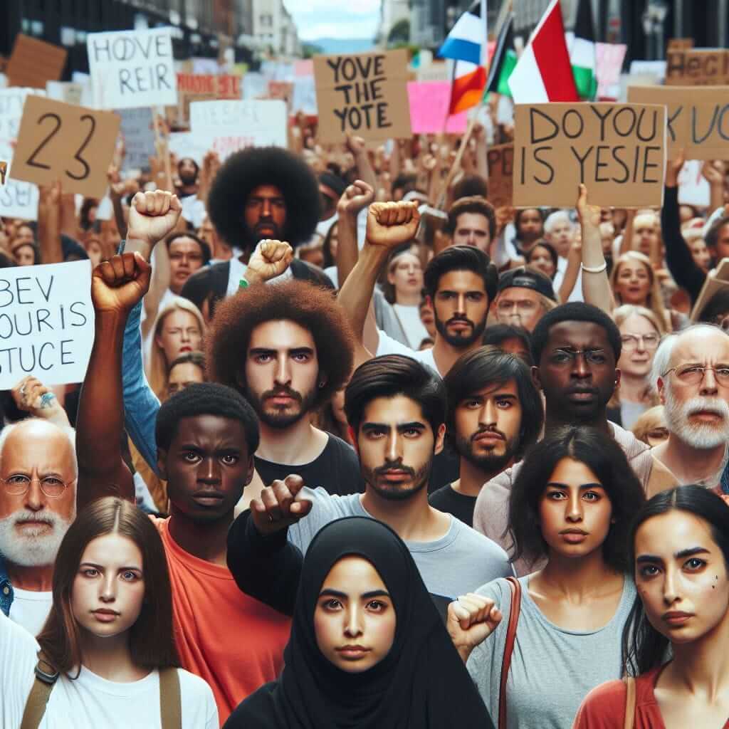 Protesters holding signs and banners