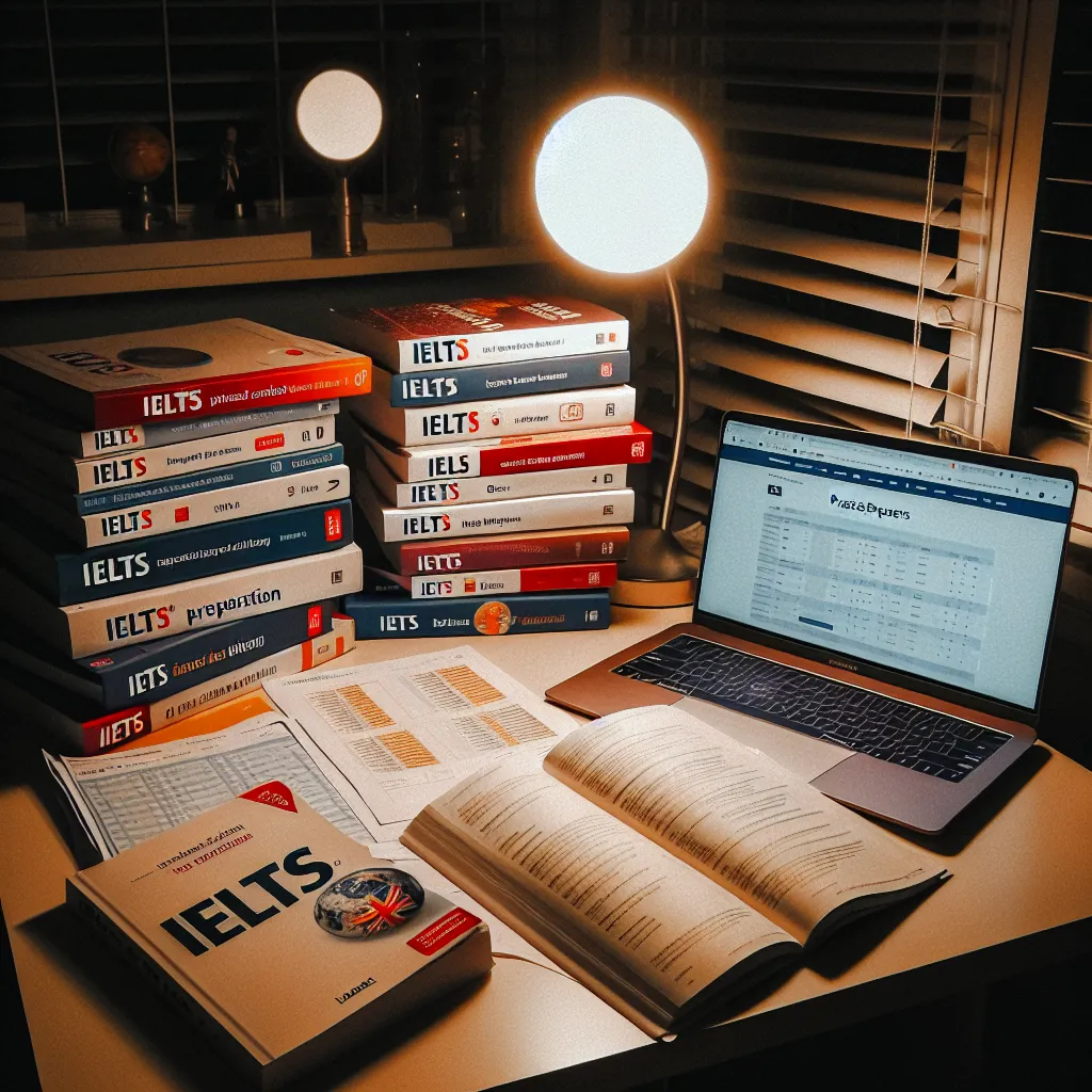 IELTS study materials on a desk