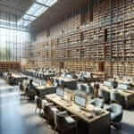 Modern library interior with computers and bookshelves