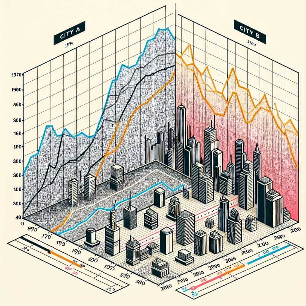 Line Graph Showing Population of Two Cities Over 50 Years