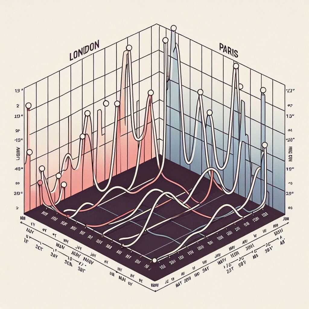 Line graph comparing average monthly temperatures in London and Paris