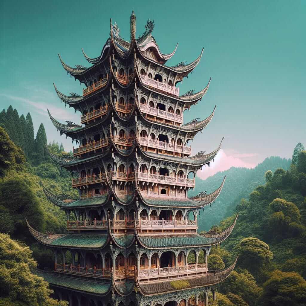 Multi-Tiered Pagoda with Curved Eaves