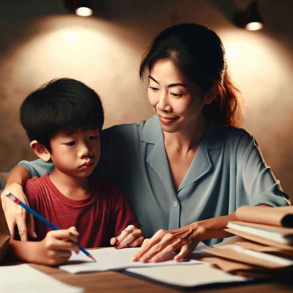 A mother patiently helping her child with homework