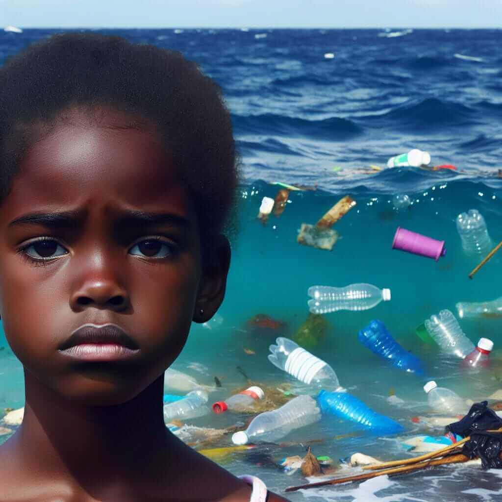 Sad Child Looking at Ocean Pollution