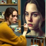 Sarah painting a hyper-realistic portrait