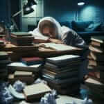 student sleeping on books