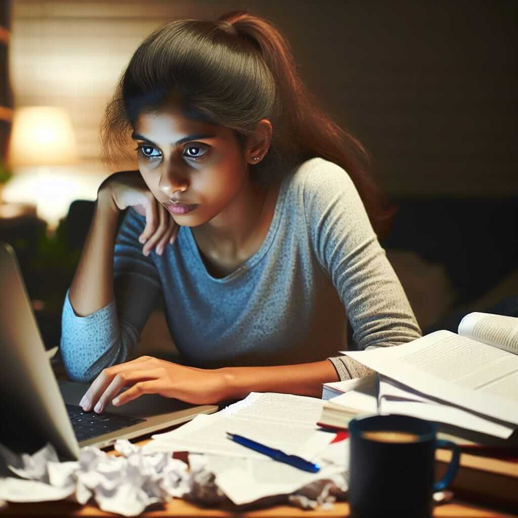 Student overcoming stress to write a thesis paper