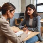 Student attentively listening to IELTS Examiner