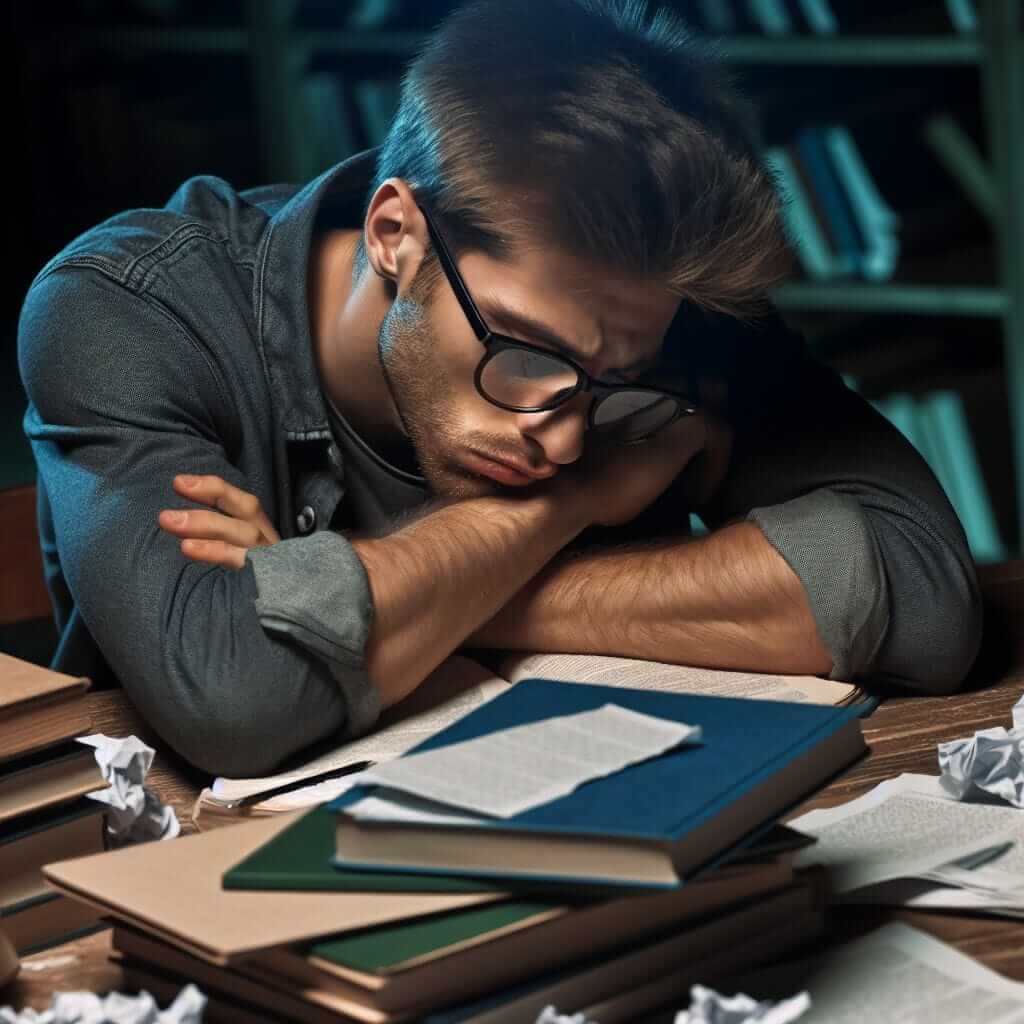 Exhausted student studying