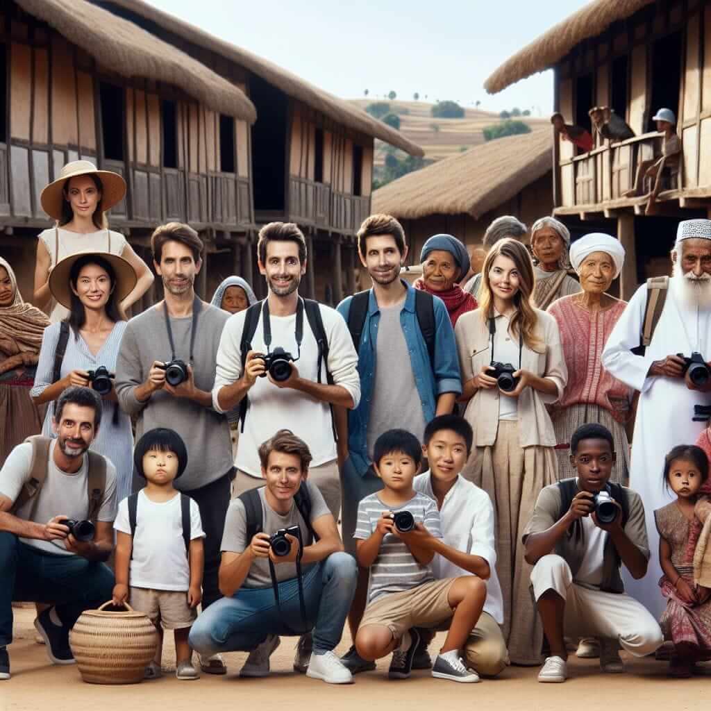 Tourists taking photos in traditional village