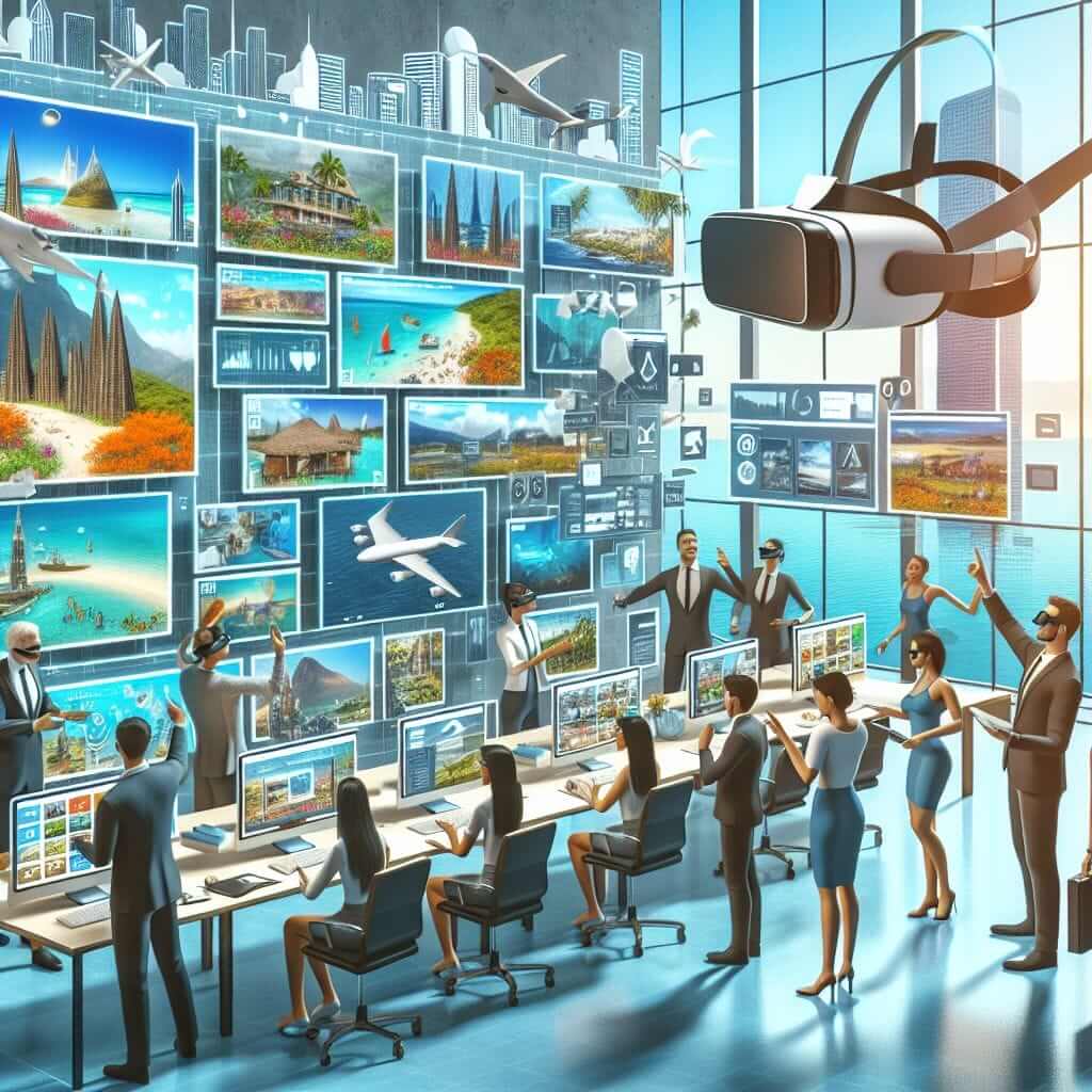 a typical scene showing various technologies shaping modern travel, such as smart devices, online booking applications, and virtual reality