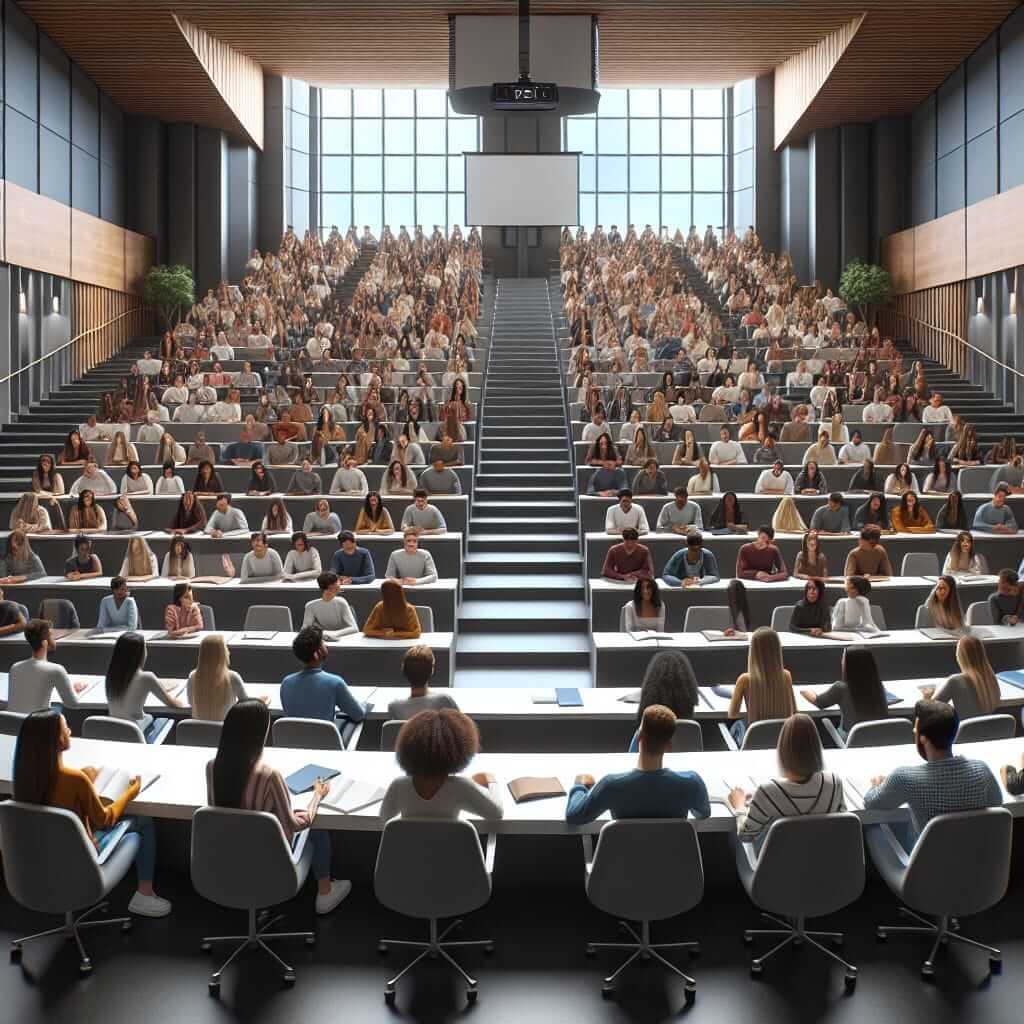 Classroom in university with many students attending a lecture