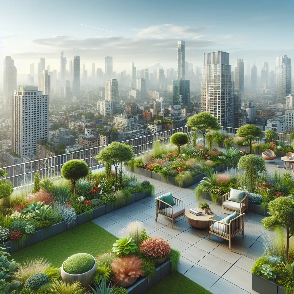 Urban rooftop garden with city view