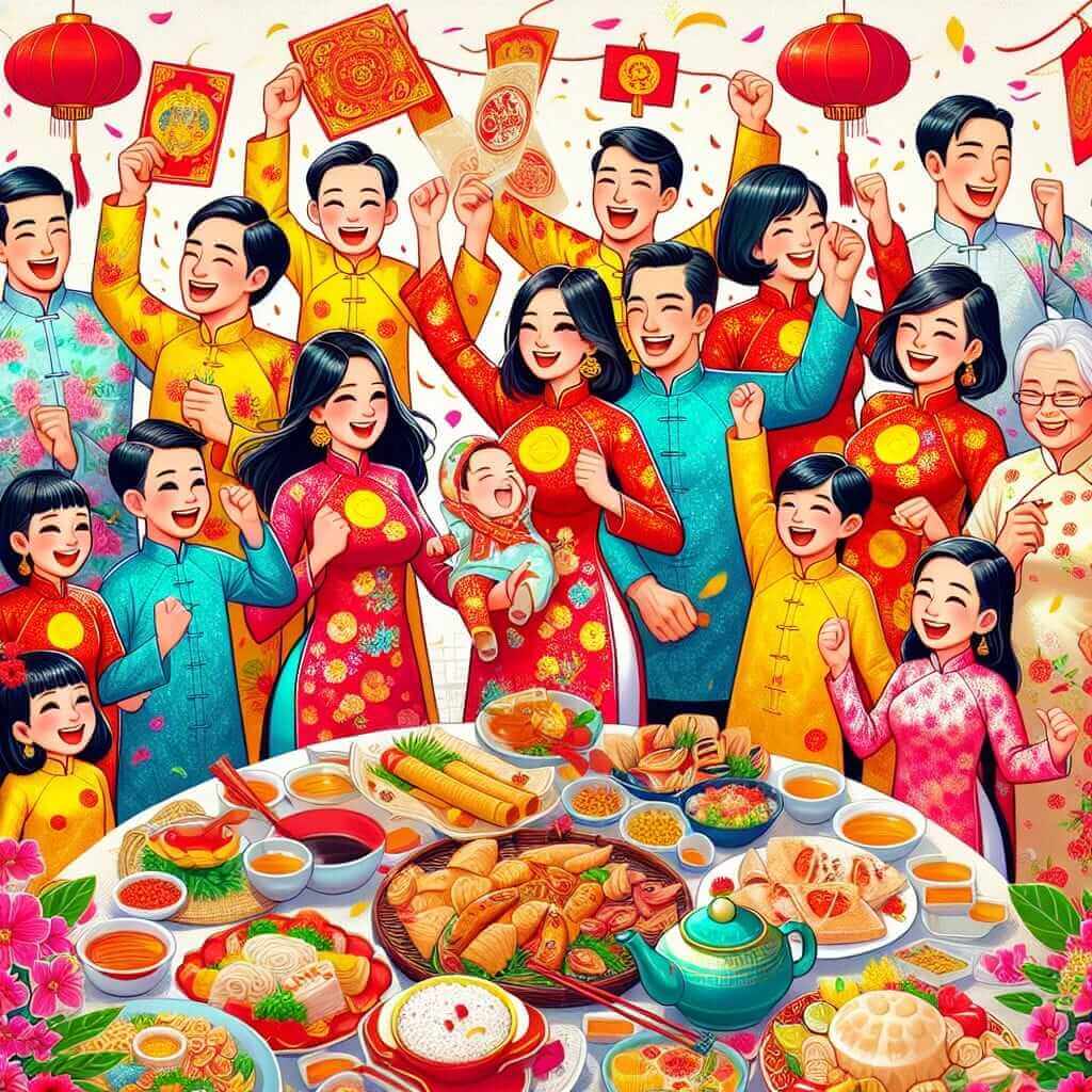 Vietnamese Family Celebrating Tet