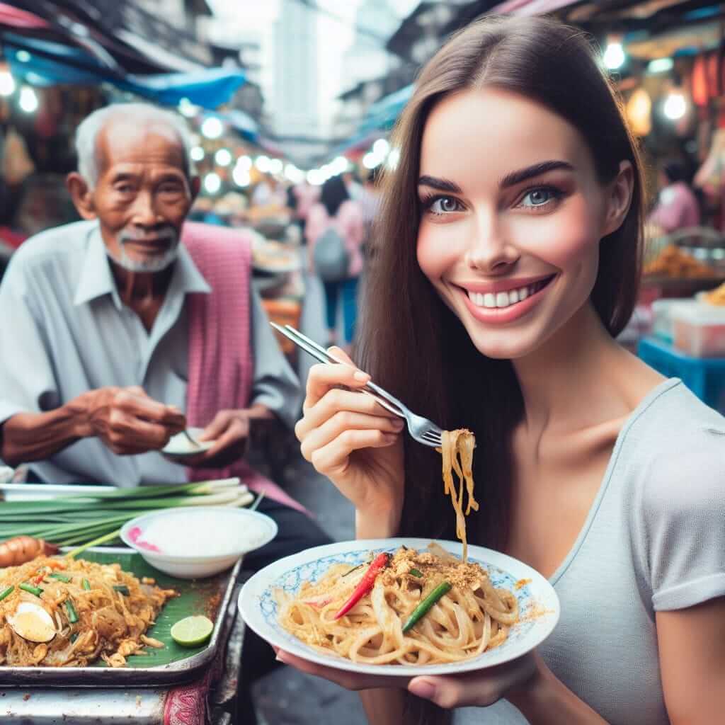 Woman Enjoying Street Food in Bangkok