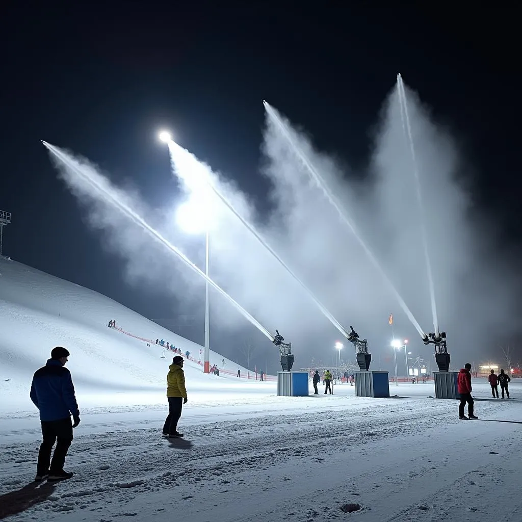 Artificial snow production at a ski resort