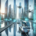 Futuristic cityscape with autonomous vehicles