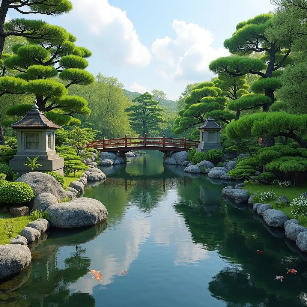 Beautiful Japanese garden with koi pond