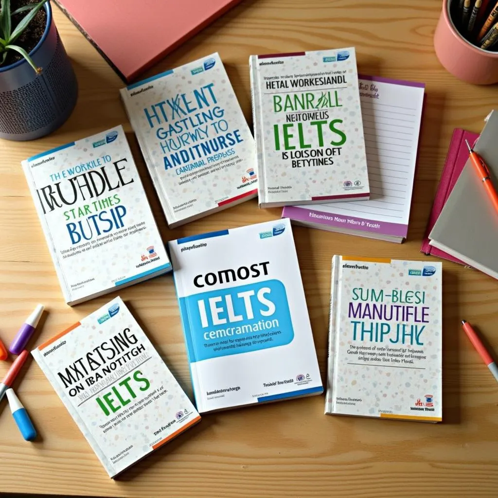 Top-rated IELTS preparation books on a desk