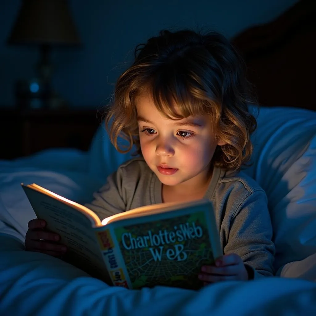 Child reading Charlotte's Web at bedtime