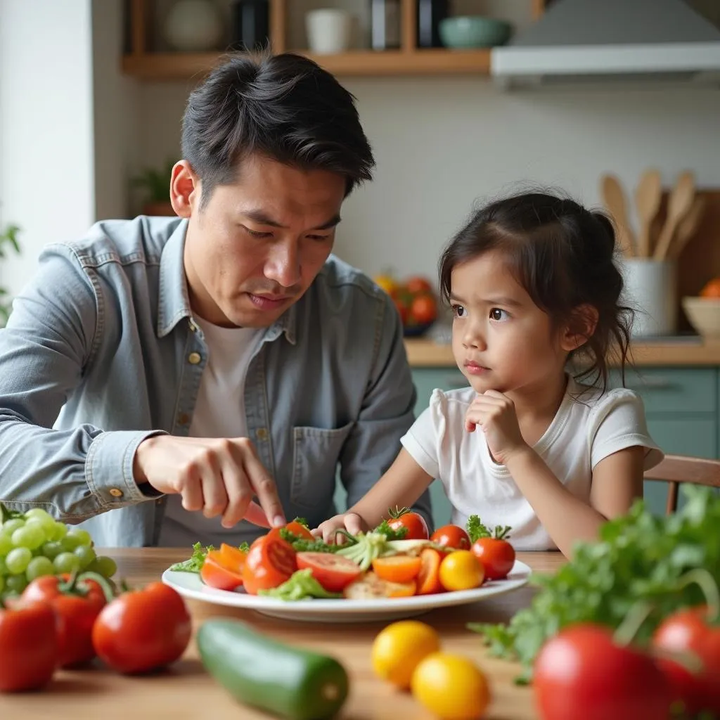 Parent and child discussing healthy food choices