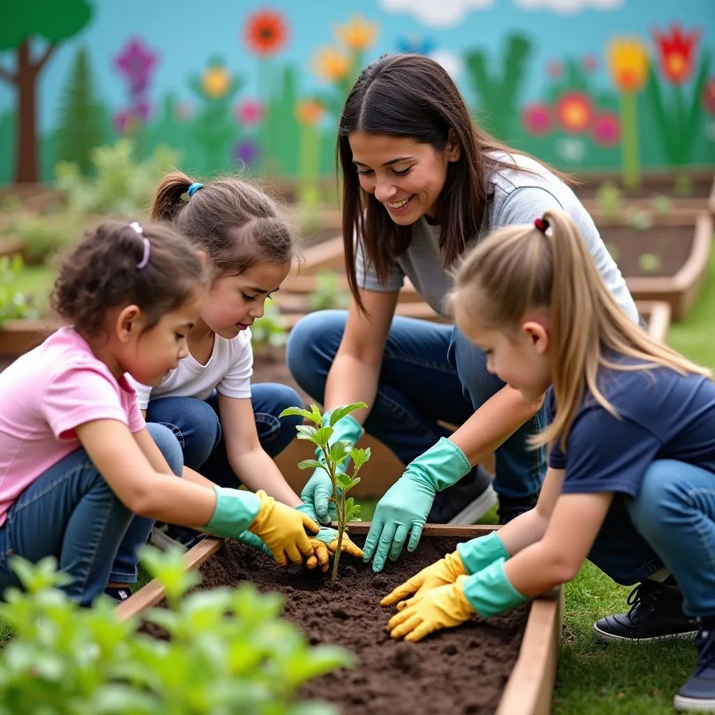 Children planting trees in a school garden