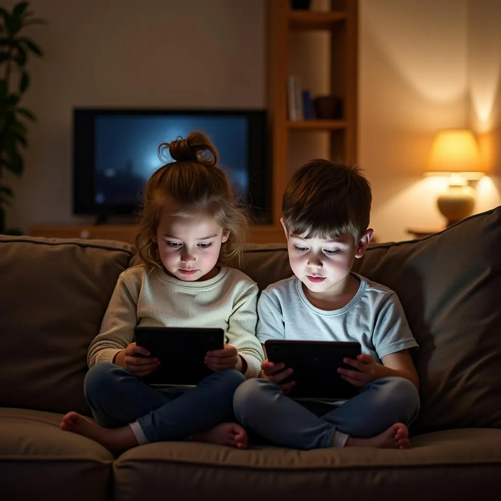 Children using electronic devices in living room