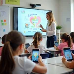 Children using smartphones in a classroom setting