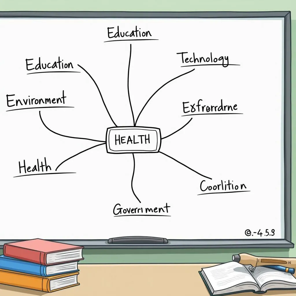 Common IELTS Writing Task 2 topics illustrated on a whiteboard