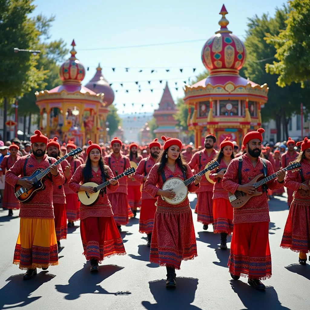 A vibrant community festival parade with floats and performers