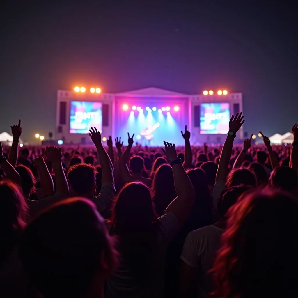 Enthusiastic concert crowd cheering and waving hands