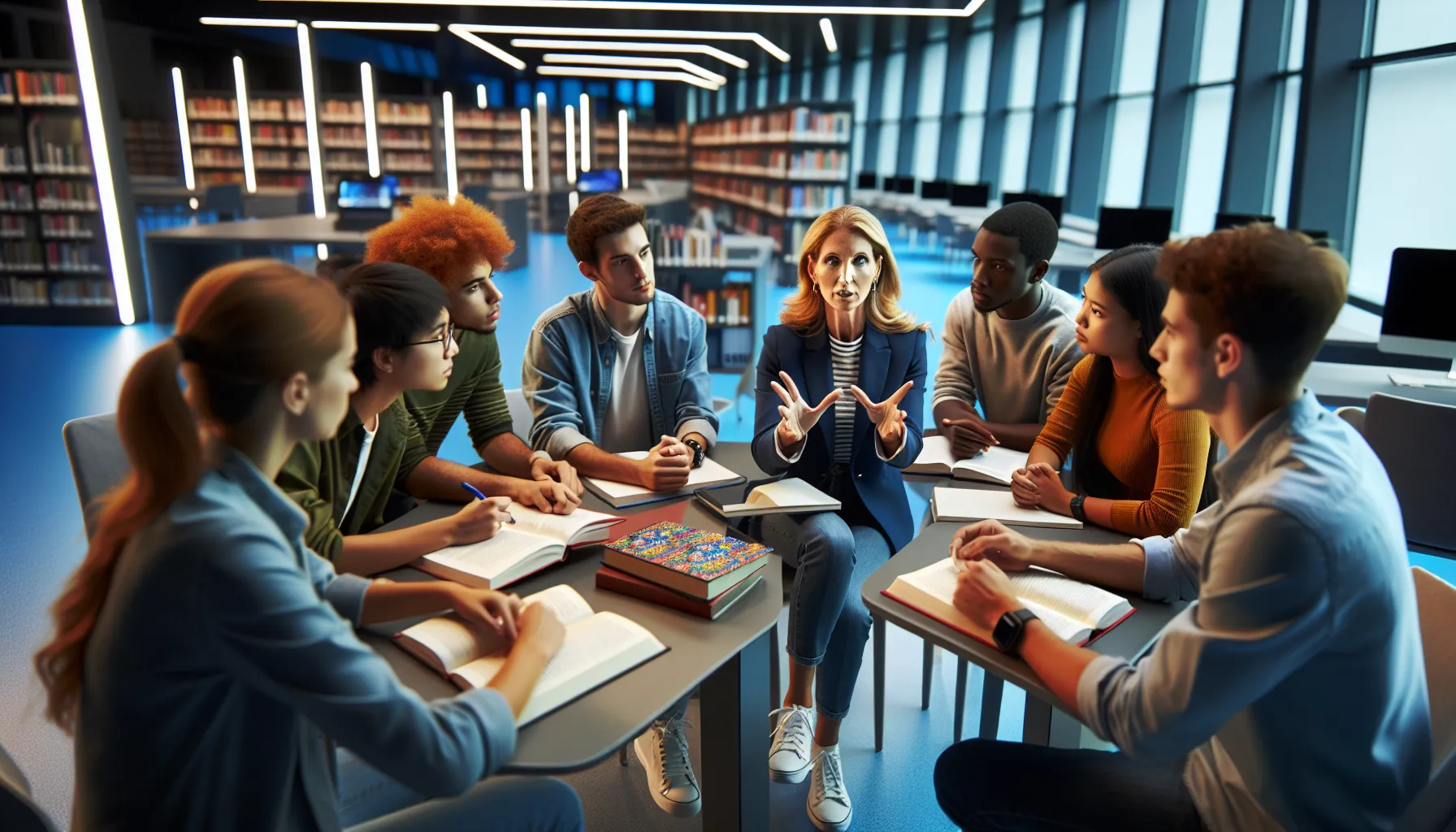 Diverse group of students receiving guidance from mentor