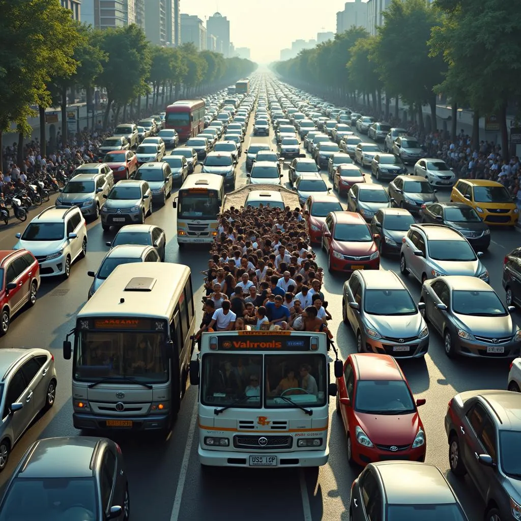 Overcrowded bus passing through heavy traffic