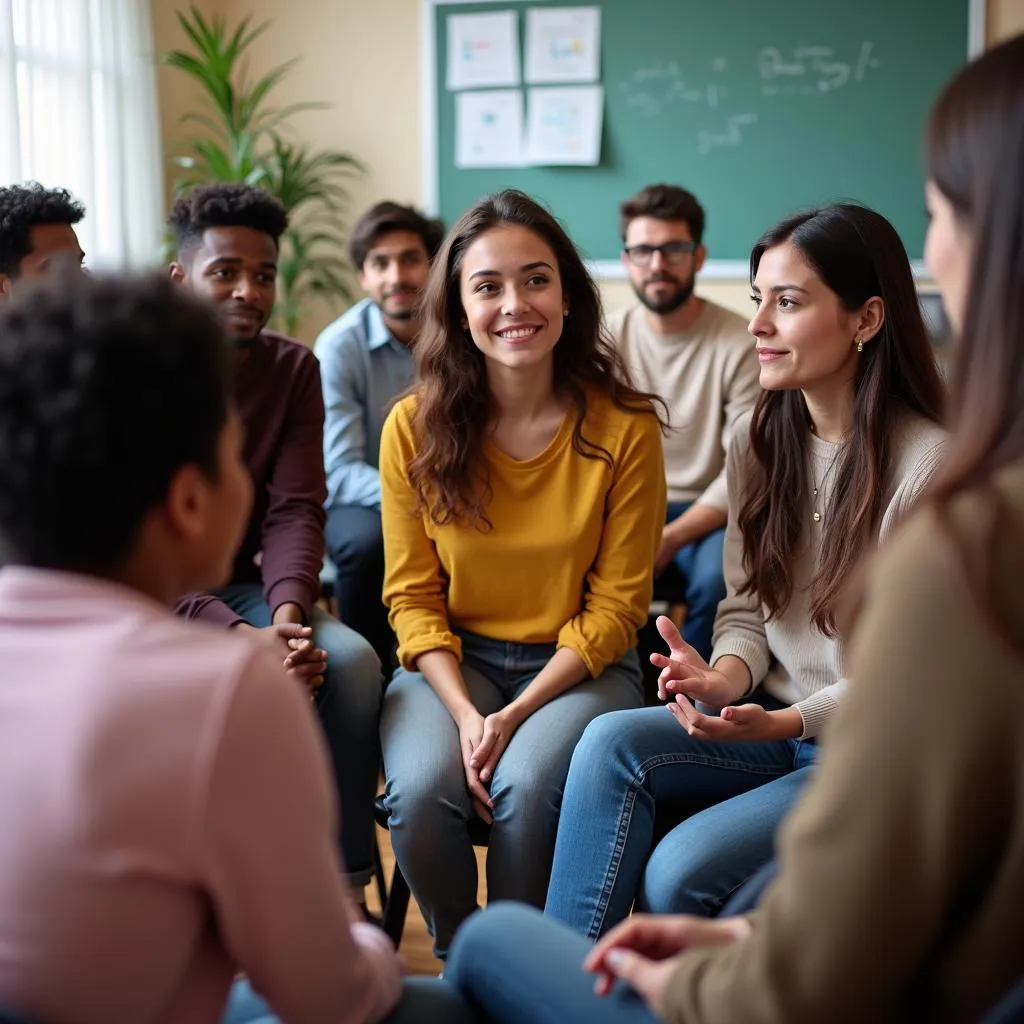 Diverse group of students and teachers in conflict resolution session