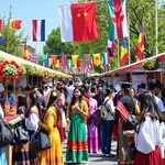 Students participating in a vibrant cultural fair